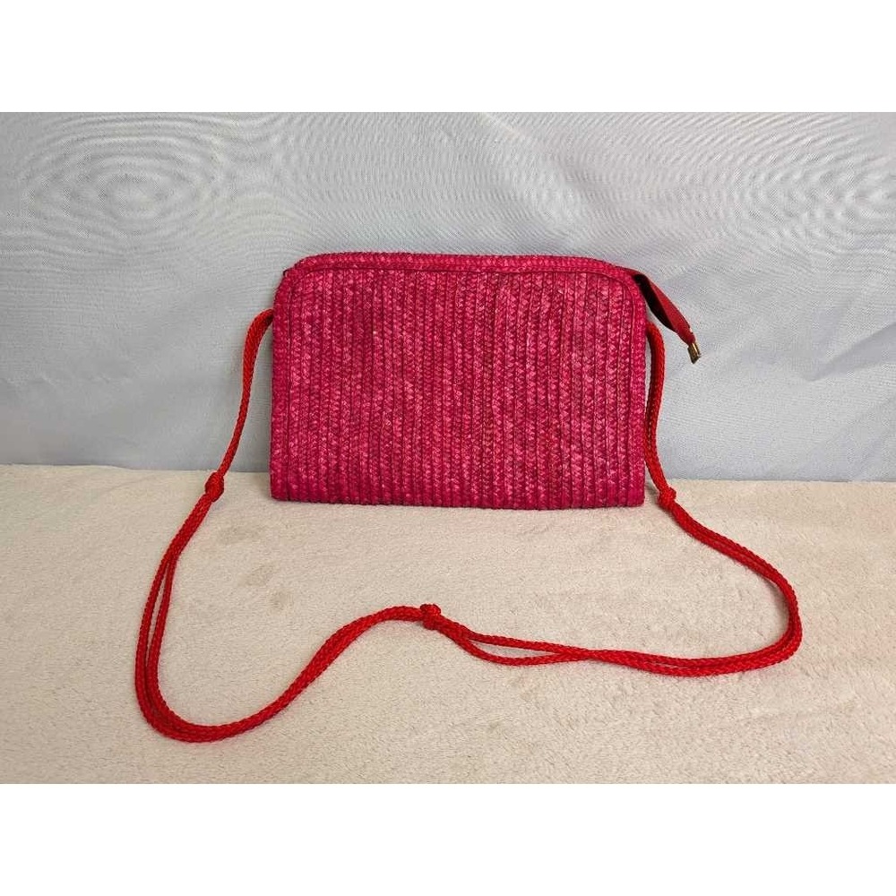 Straw Woven Crossbody Bag Pink Red Strap‎ Zip Closure Women Fashion Accessory